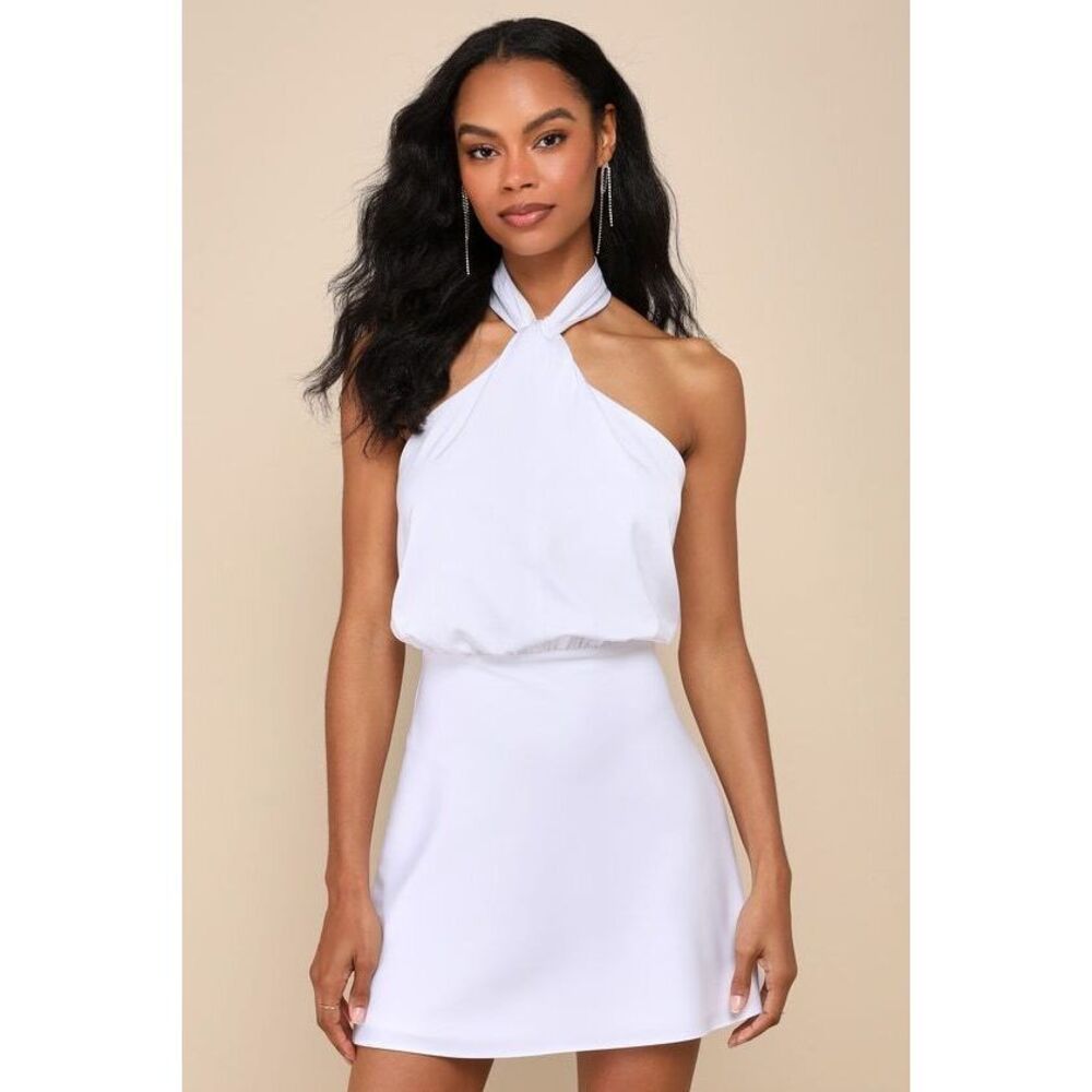 Lulus Sleek Essence White Satin Halter Sleeveless Mini Dress - Size M